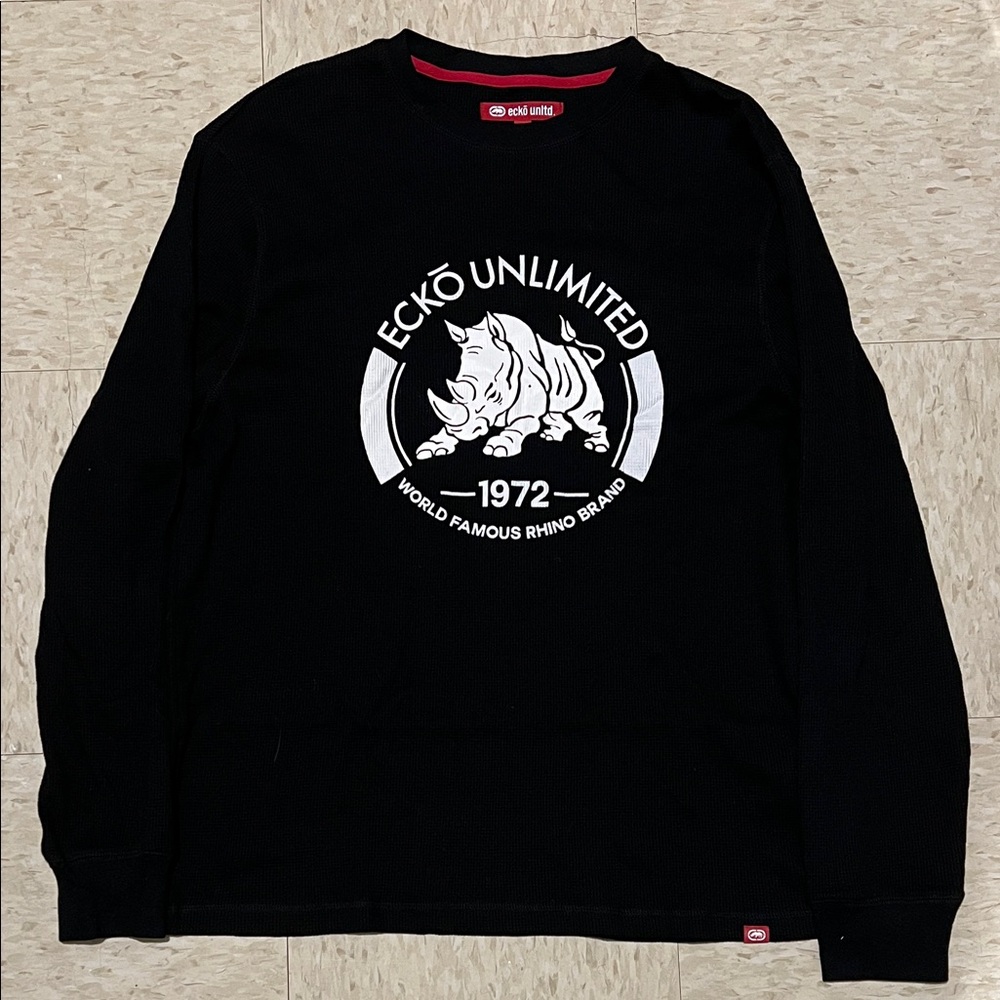 Ecko Unlimited Waffle Knit Black Graphic Long Sleeve Tee